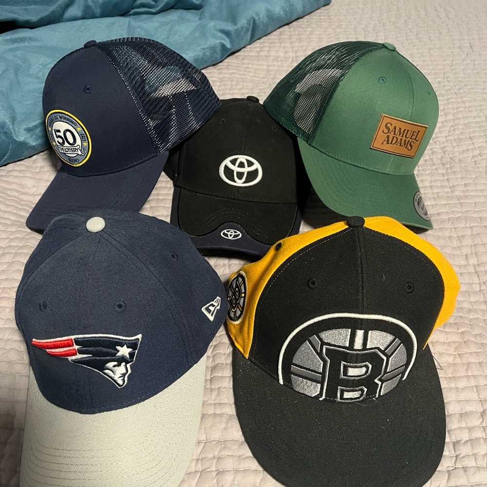 Collection of Assorted Logo Baseball Caps Toyota,Sam Adams,Lottery,Bruins&Pats